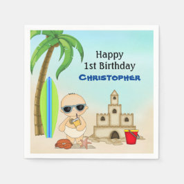 Boy Beach Baby Sandcastle n Surfboard 1:a födelsed Pappersservett