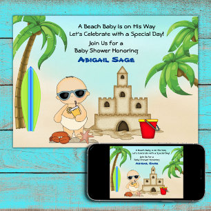 Boy Beach Baby Sandcastle, Surfboard Baby Shower Inbjudningar