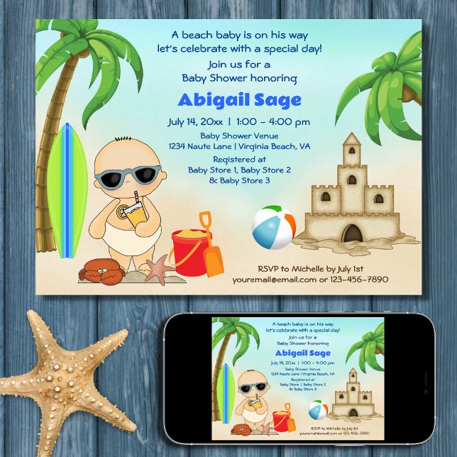 Boy Beach Baby Sandcastle, Surfboard Baby Shower Inbjudningar (Printed and Digital - Boy Beach Baby Sandcastle, Surfboard Baby Shower Invitation)