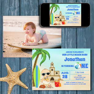 Boy Beach Baby Surfboard 1:a Birthday PHOTO Inbjudningar