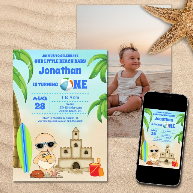 Boy Beach Baby Surfboard 1:a Birthday PHOTO Inbjudningar (Printed (Front and Back) and Digital Boy Beach Baby Surfboard 1st Birthday PHOTO Invitation)