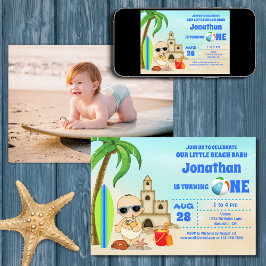 Boy Beach Baby Surfboard 1:a Birthday PHOTO Inbjudningar