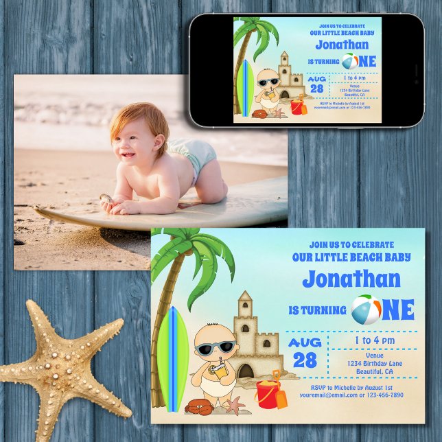 Boy Beach Baby Surfboard 1:a Birthday PHOTO Inbjudningar (Printed (Front and Back) and Digital Boy Beach Baby Surfboard 1st Birthday PHOTO Invitation)