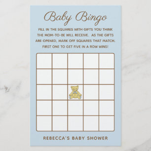 Boy Bear Baby Shower Bingo Game Flygblad
