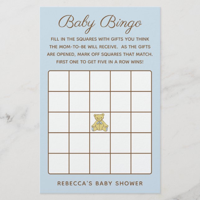 Boy Bear Baby Shower Bingo Game Flygblad (Framsidan)