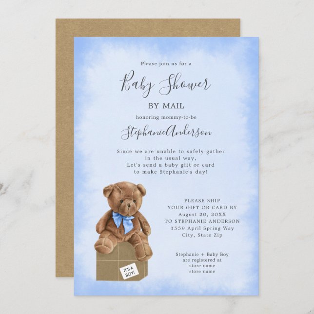 Boy Bear Baby Shower by Mail Inbjudningar (Fram/baksida)