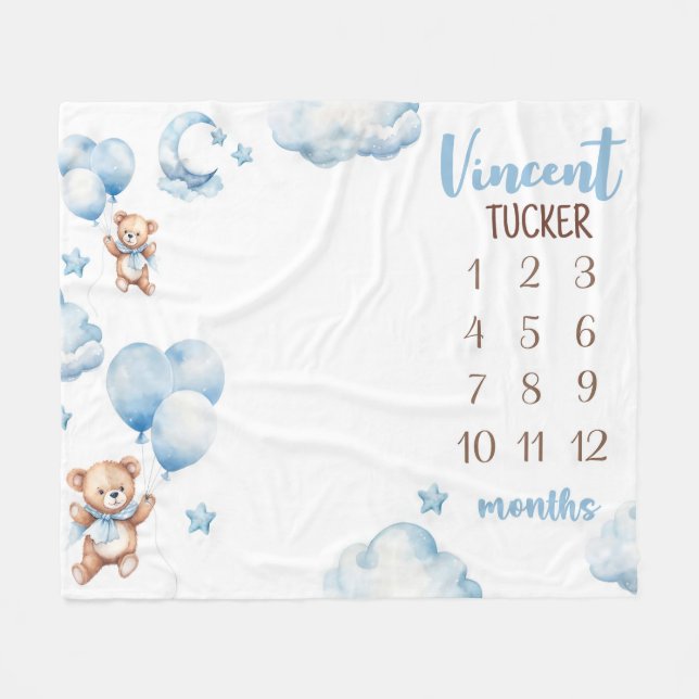 BOY BEAR BALLOONS Milestone Blanket, Blue Balloons Fleecefilt (Framsidan (Horisontell))