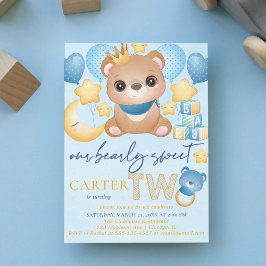 Boy Bear Blue Second Birthday Inbjudningar