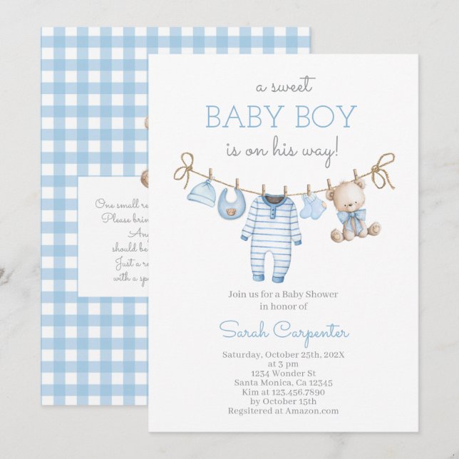 Boy Bear Clothesline Baby Shower invitation Inbjudningar (Fram/baksida)