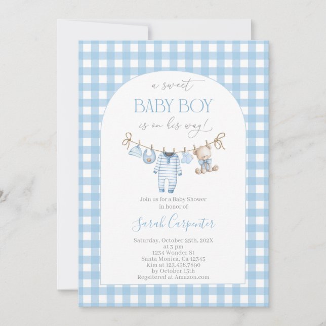 Boy Bear Clothesline Baby Shower invitation Inbjudningar (Framsida)