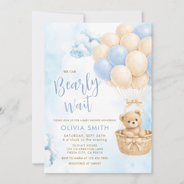 BOY Bear Cloud Balloon Baby Shower Invite Inbjudningar (Framsida)