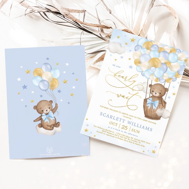 Boy Bear Luftballong Blue Guld Himlar Baby Shower Inbjudningar (Skapare uppladdad)