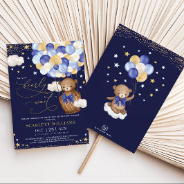 Boy Bear Luftballong Navy Guld Himlar Baby Shower Inbjudningar