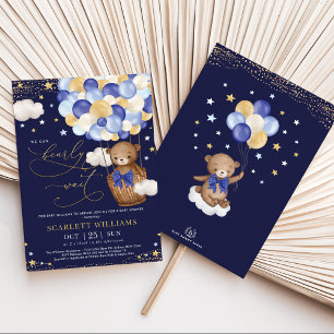 Boy Bear Luftballong Navy Guld Himlar Baby Shower Inbjudningar