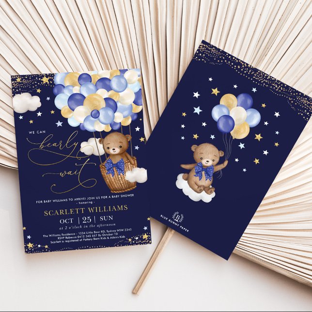 Boy Bear Luftballong Navy Guld Himlar Baby Shower Inbjudningar (Skapare uppladdad)