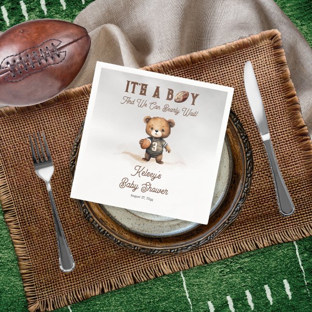 Boy Bearly Wait American Football Baby Shower Pappersservett (Teddy Bear Boy American Football Baby Shower Paper Napkin - Bearly Wait Collection)