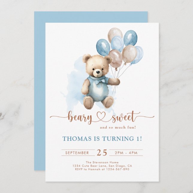 Boy Beary Sweet 1st Birthday Nalle Blue Brown Inbjudningar (Fram/baksida)