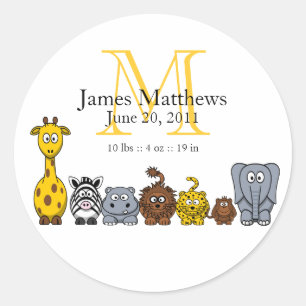 Boy Birth Announcement Sticker Jungle Animals Runt Klistermärke