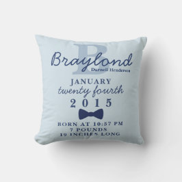 Boy Birth Stats Pillow - Blue Bow Tie Kudde