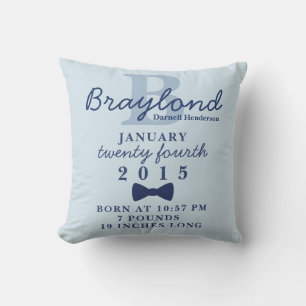Boy Birth Stats Pillow - Blue Bow Tie Kudde