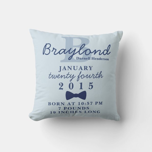 Boy Birth Stats Pillow - Blue Bow Tie Kudde (Framsida)