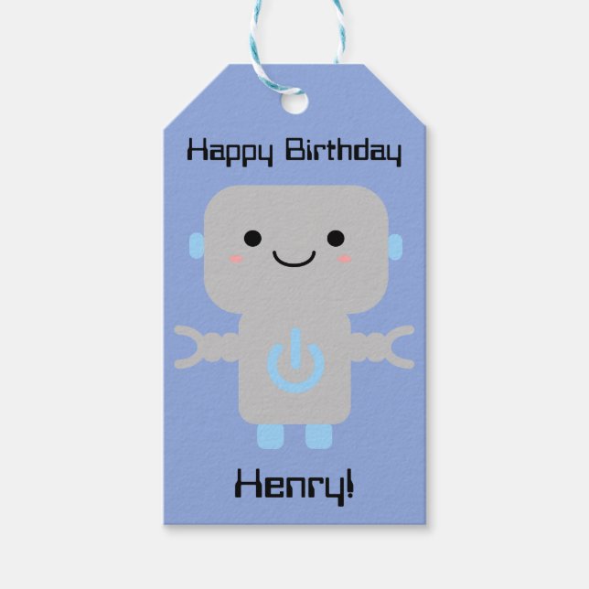 Boy Birthday Cute Tecknad Robot Blue Presentetikett (Framsidan)