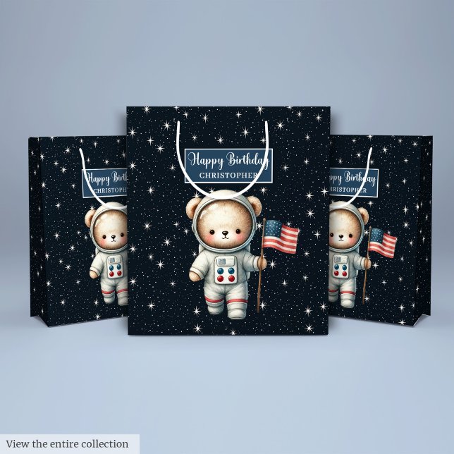 Boy Birthday Gift Bag med Space-Nalle (Boy Birthday Gift Bag Featuring Space Teddy Bear)