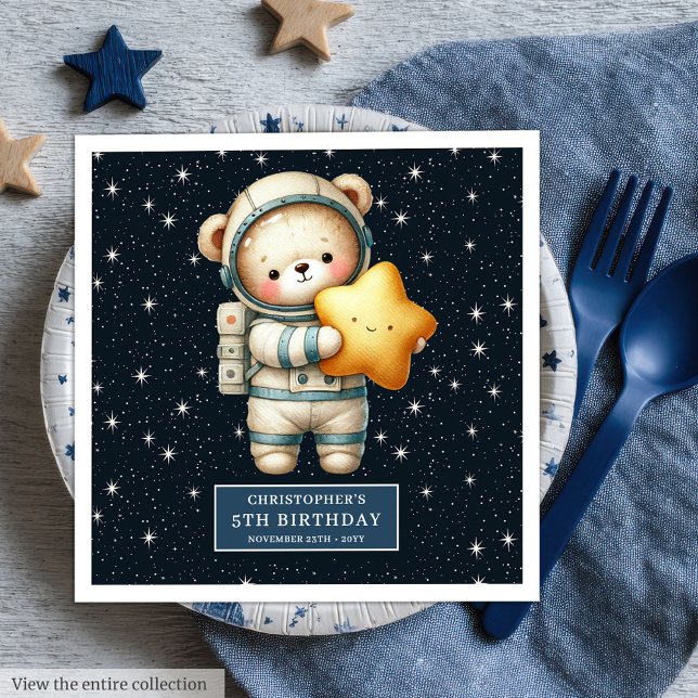 Boy Birthday Napkins med Astronaut Nalle Pappersservett (Boy Birthday Napkins with Astronaut Teddy Bear)