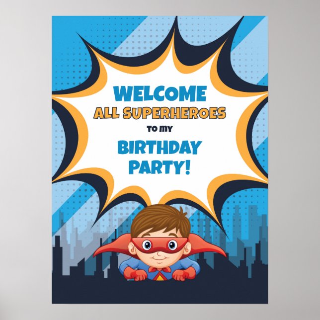 Boy Birthday Superhero Party - 18x24 Sign Poster (Framsidan)