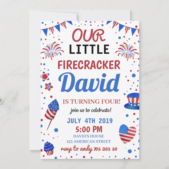 Boy Birthday USA American Firecracker 4 juli Inbjudningar (Framsida)
