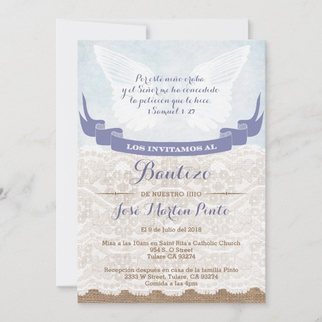 Boy Blue Angel Baptism-inbjudningar på spanska Inbjudningar (Framsida)