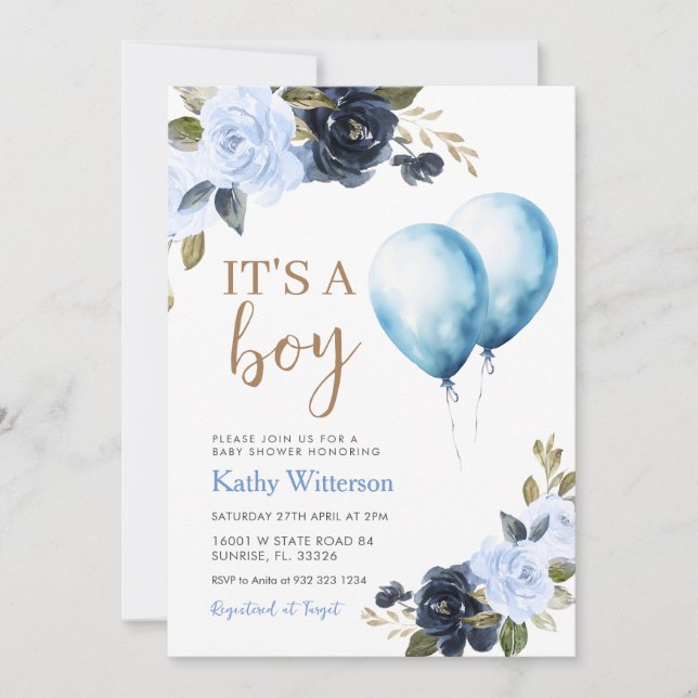 Boy Blue Balloon Blommigt Baby Shower Inbjudningar (Framsida)