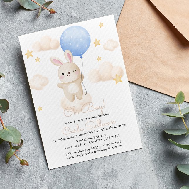 Boy Blue Balloon Cute Bunny Baby Shower-inbjudan Inbjudningar (Skapare uppladdad)