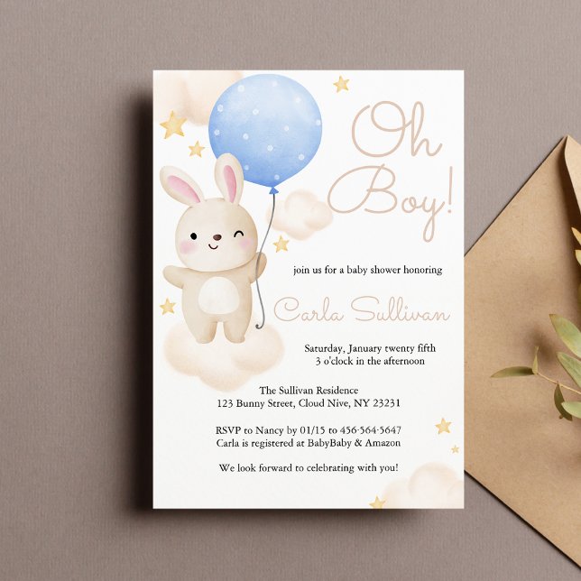 Boy Blue Balloon Cute Bunny Baby Shower Inbjudningar (Skapare uppladdad)