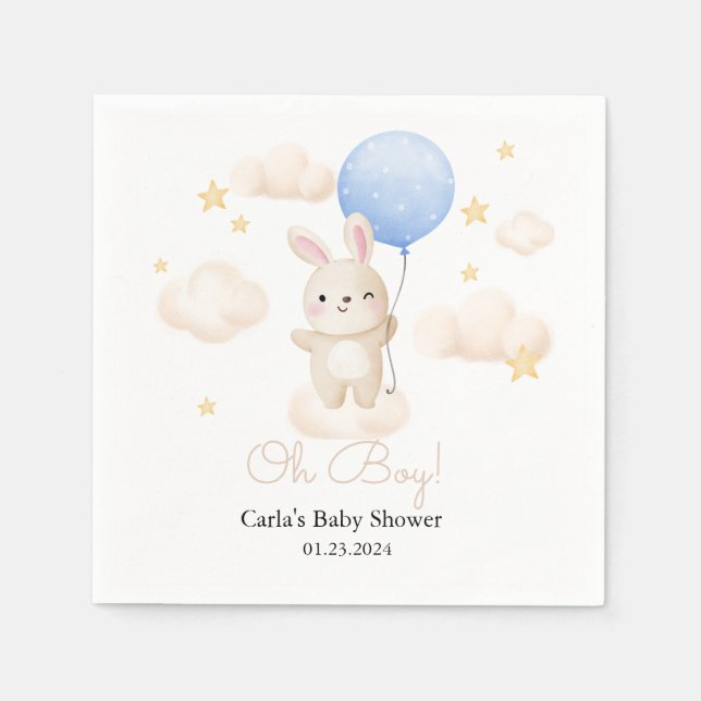 Boy Blue Balloon Cute Bunny Baby Shower Pappersservett (Framsidan)