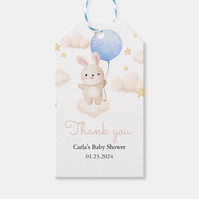 Boy Blue Balloon Cute Bunny Baby Shower Presentetikett (Framsidan)