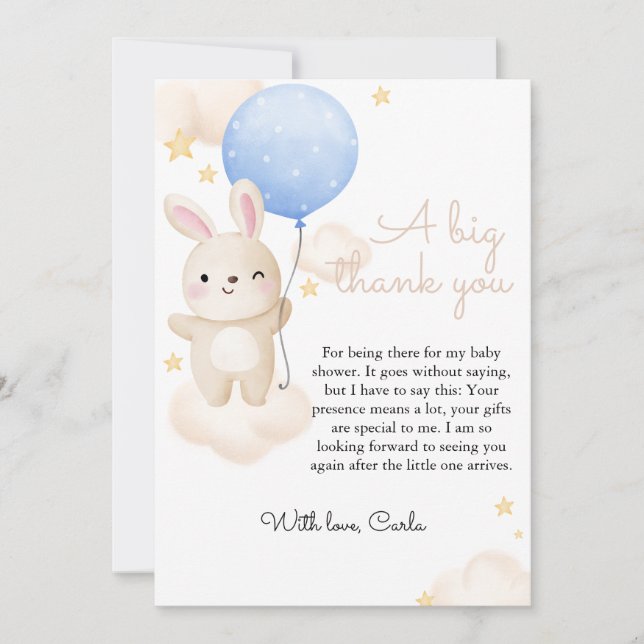 Boy Blue Balloon Cute Bunny Baby Shower Tack Kort (Framsida)