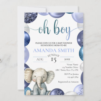 Boy Blue Balloon Cute Elephant Baby Shower Inbjuda Inbjudningar