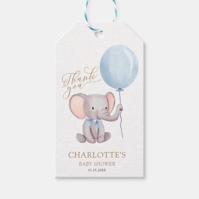 Boy Blue Balloon Elephant Baby Shower Tack Presentetikett (Framsidan)