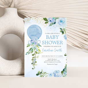Boy Blue Balloon Greenery Baby Shower Inbjudningar