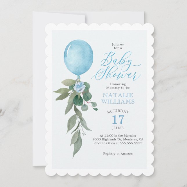 Boy Blue Balloon Greenery Baby Shower Inbjudningar (Framsida)