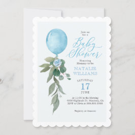 Boy Blue Balloon Greenery Baby Shower Inbjudningar
