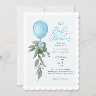 Boy Blue Balloon Greenery Baby Shower Inbjudningar