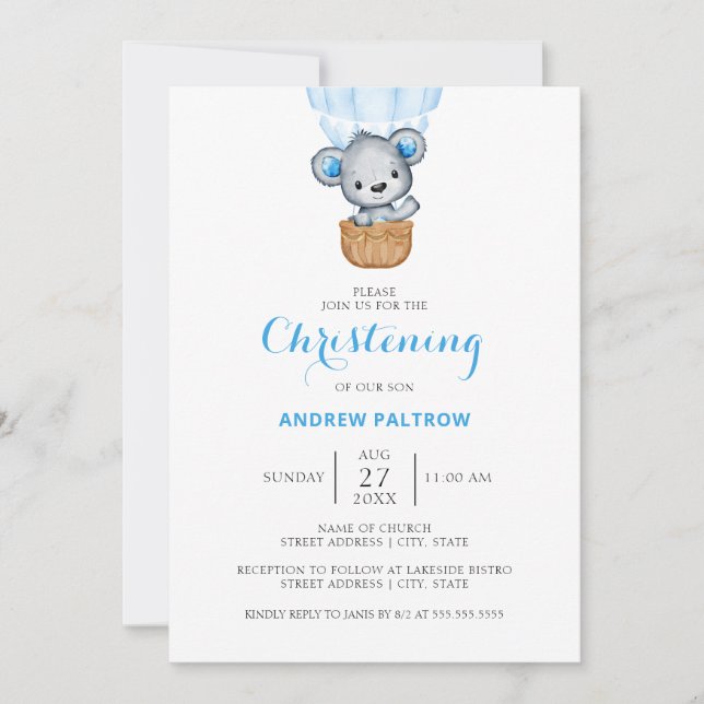 Boy Blue Bear Balloon Christening-inbjudan Inbjudningar (Framsida)