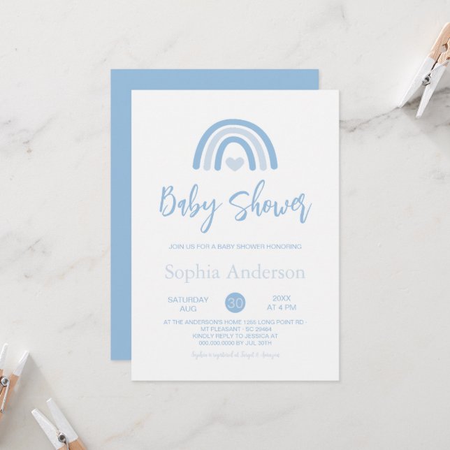 Boy Blue Boho Rainbow Baby Shower Inbjudningar (Fram/Back In Situ)