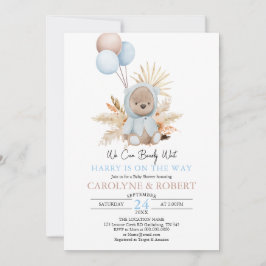 Boy Blue Boho Teddybjörn Knappt Vänta Baby Shower Inbjudningar