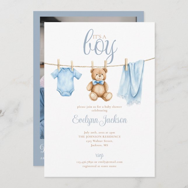 Boy Blue Clothesline Baby Shower Photo QR Code Inbjudningar (Fram/baksida)