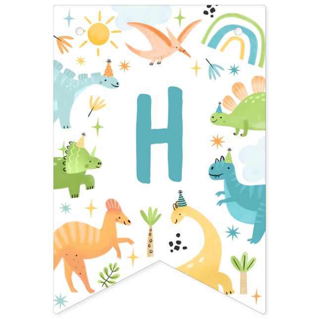 Boy Blue Dinosaur Födelsedagsfest Party Vimplar (Första flaggan)