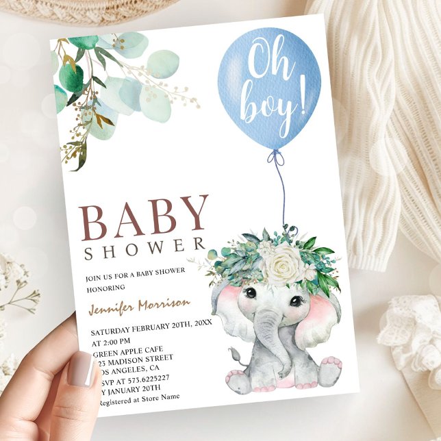 Boy Blue Elefant Bebis Bjudning  Inbjudningar (Skapare uppladdad)