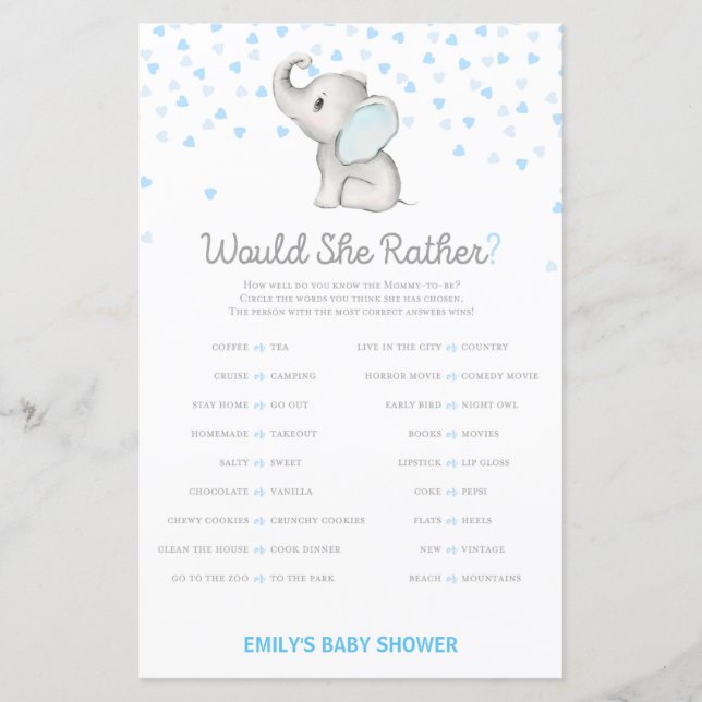 Boy Blue Elefant Bebis Shower Spel UTRYCKT (Framsida)